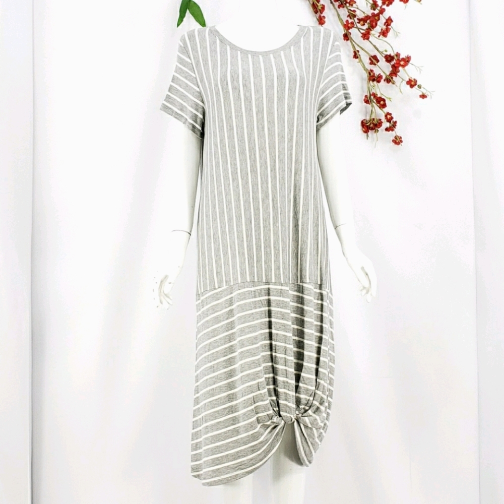 New COA Striped Jersey Knit Gray & White Midi Dress Sz M